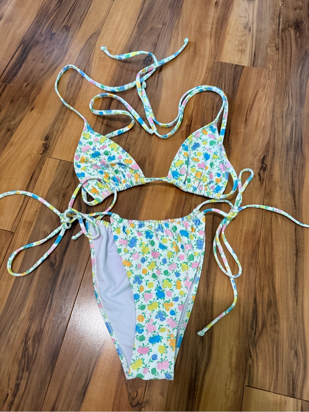 Floral Tie-String Bikini - Yellow, Pink & Blue